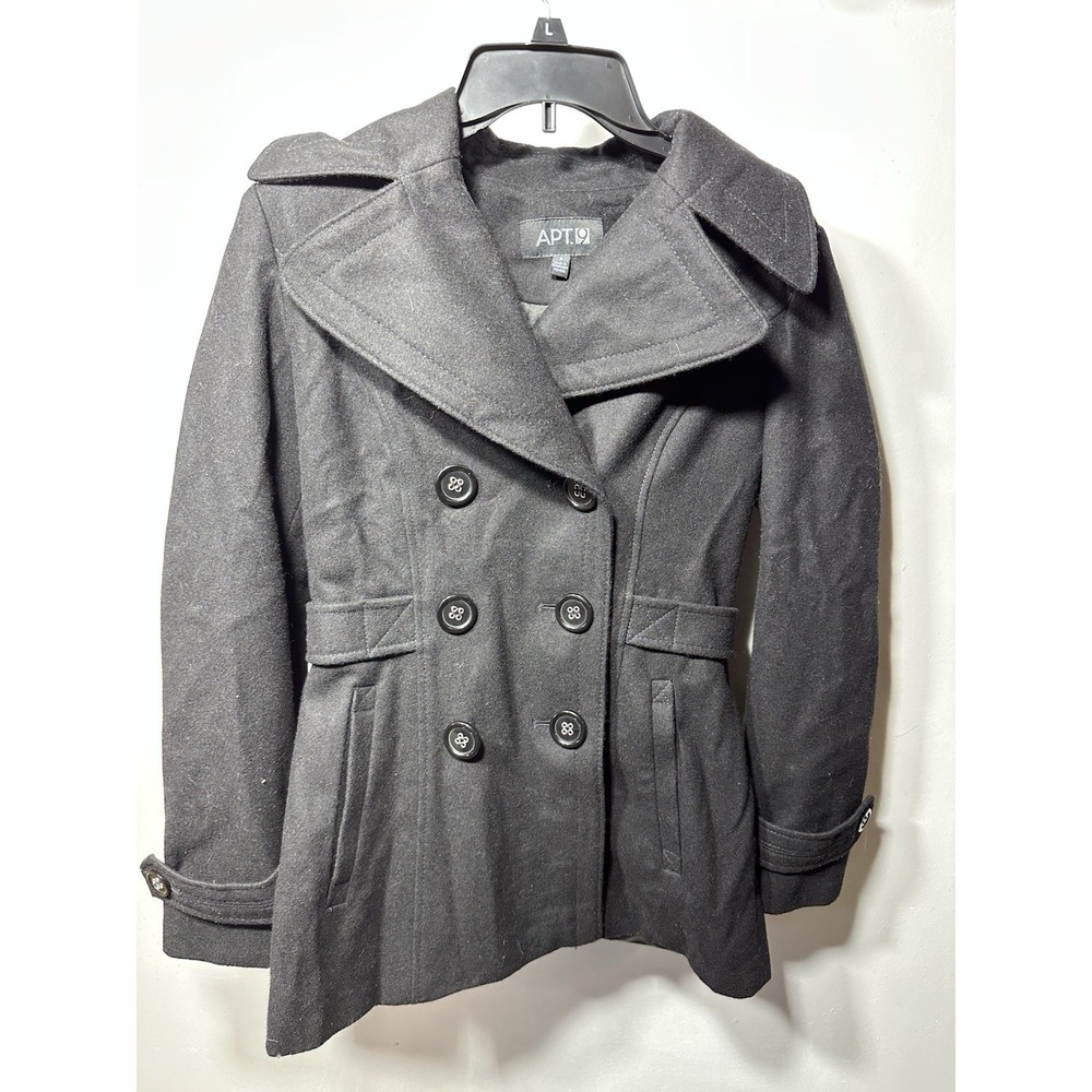 APT 9 Women's Black Wool Blend Peacoat Double Breasted Coat Jacket Size Small